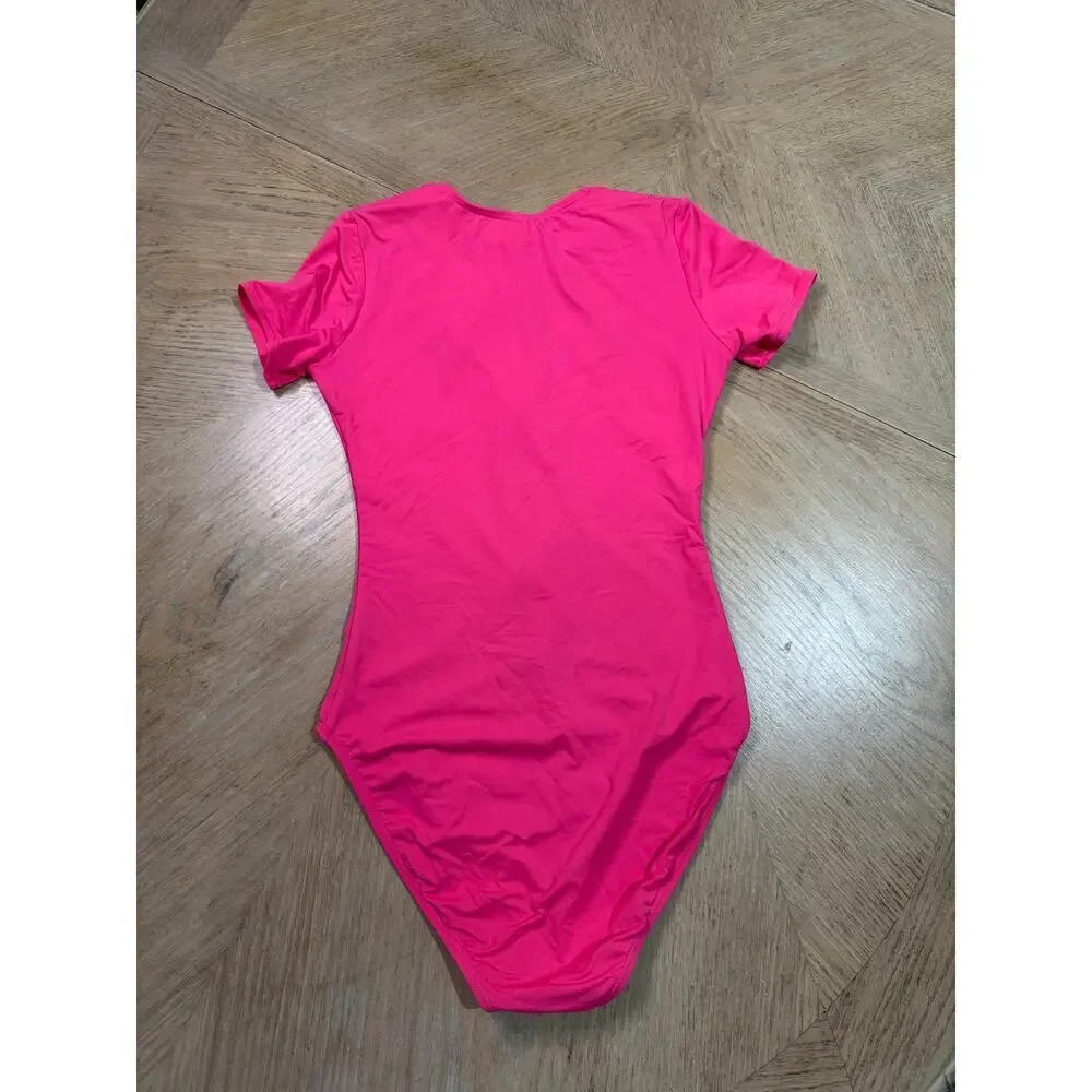 Michael Kors short sleeve neon pink one-piece swimsuit black front zipper size 4